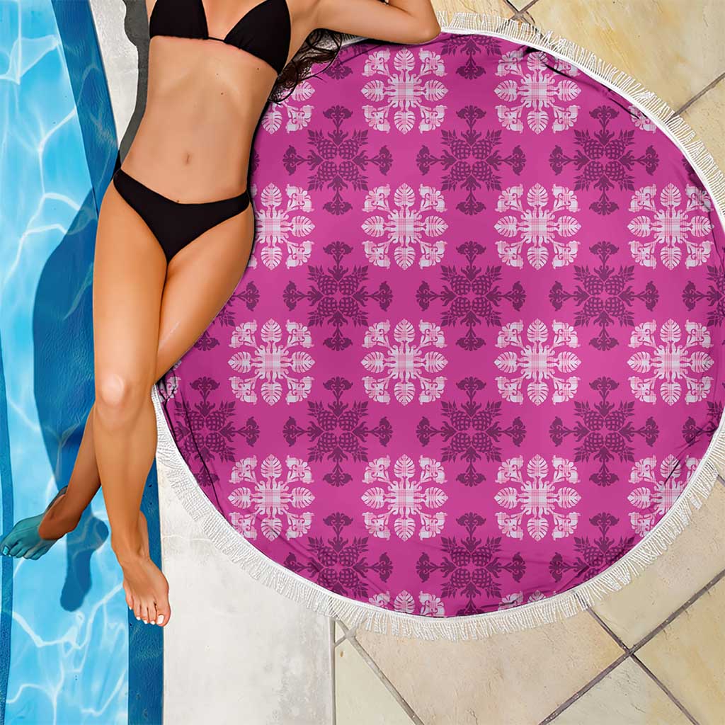 Pink Hawaiian Quilt Beach Blanket Hawaii Pineapple Monstera Palaka Motifs - Polynesian Pride