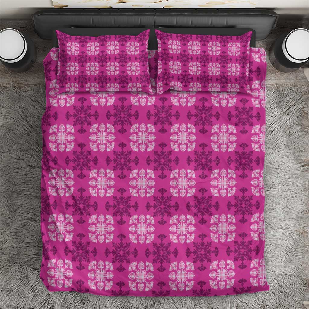 Pink Hawaiian Quilt Bedding Set Hawaii Pineapple Monstera Palaka Motifs - Polynesian Pride