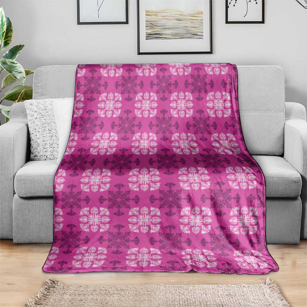 Pink Hawaiian Quilt Blanket Hawaii Pineapple Monstera Palaka Motifs - Polynesian Pride