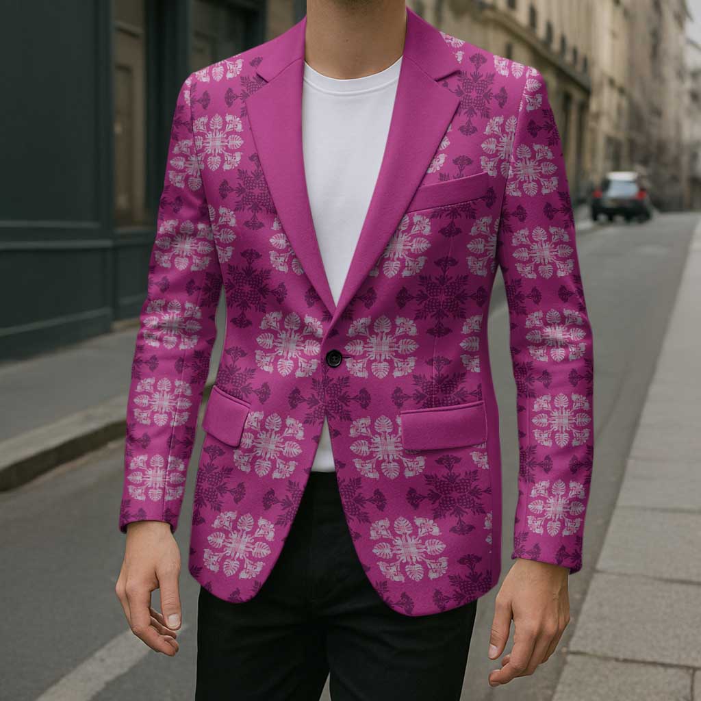 Pink Hawaiian Quilt Blazer Hawaii Pineapple Monstera Palaka Motifs LT14 - Polynesian Pride
