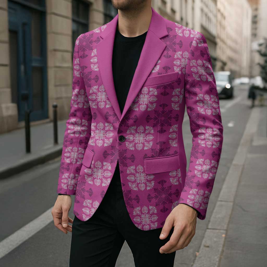 Pink Hawaiian Quilt Blazer Hawaii Pineapple Monstera Palaka Motifs LT14 - Polynesian Pride
