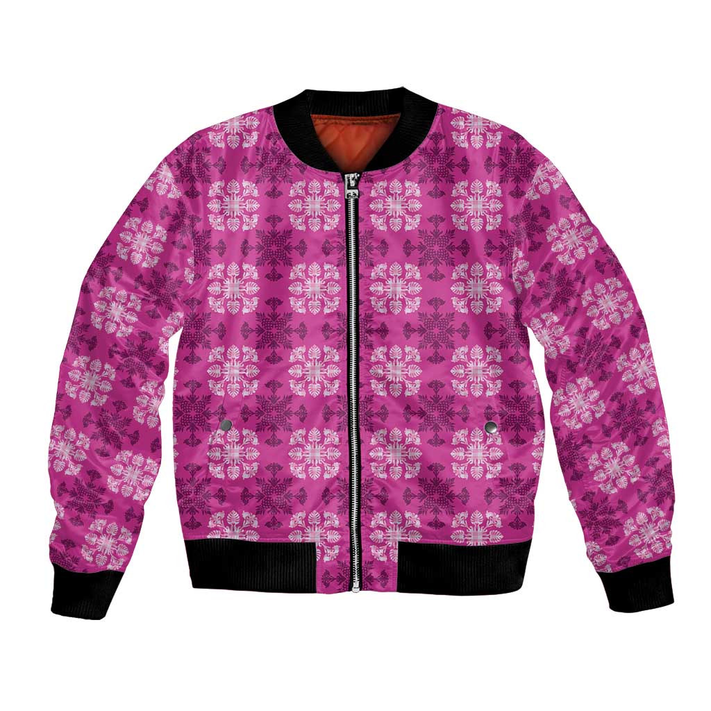 Pink Hawaiian Quilt Bomber Jacket Hawaii Pineapple Monstera Palaka Motifs LT14 Unisex Pink - Polynesian Pride