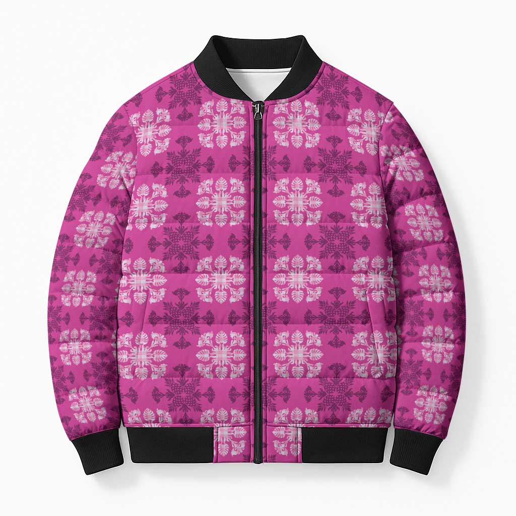 Pink Hawaiian Quilt Bomber Puffer Jacket Hawaii Pineapple Monstera Palaka Motifs LT14 Unisex Pink - Polynesian Pride