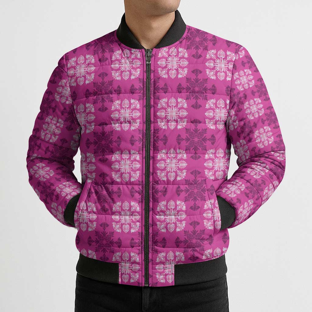 Pink Hawaiian Quilt Bomber Puffer Jacket Hawaii Pineapple Monstera Palaka Motifs LT14 - Polynesian Pride