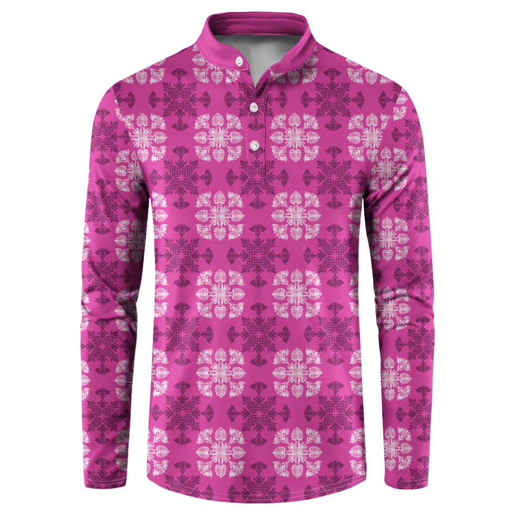 Pink Hawaiian Quilt Button Sweatshirt Hawaii Pineapple Monstera Palaka Motifs - Polynesian Pride