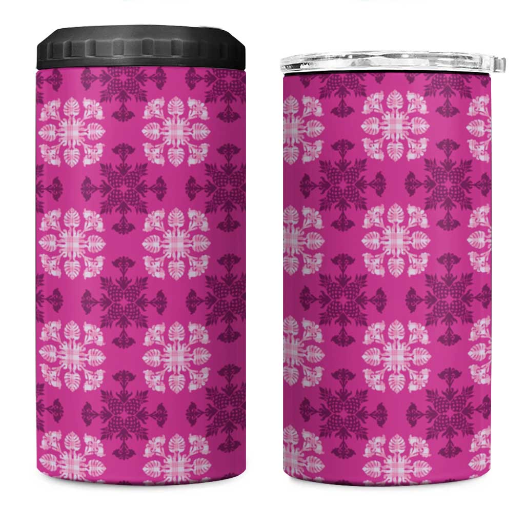 Pink Hawaiian Quilt 4 in 1 Can Cooler Tumbler Hawaii Pineapple Monstera Palaka Motifs - Polynesian Pride