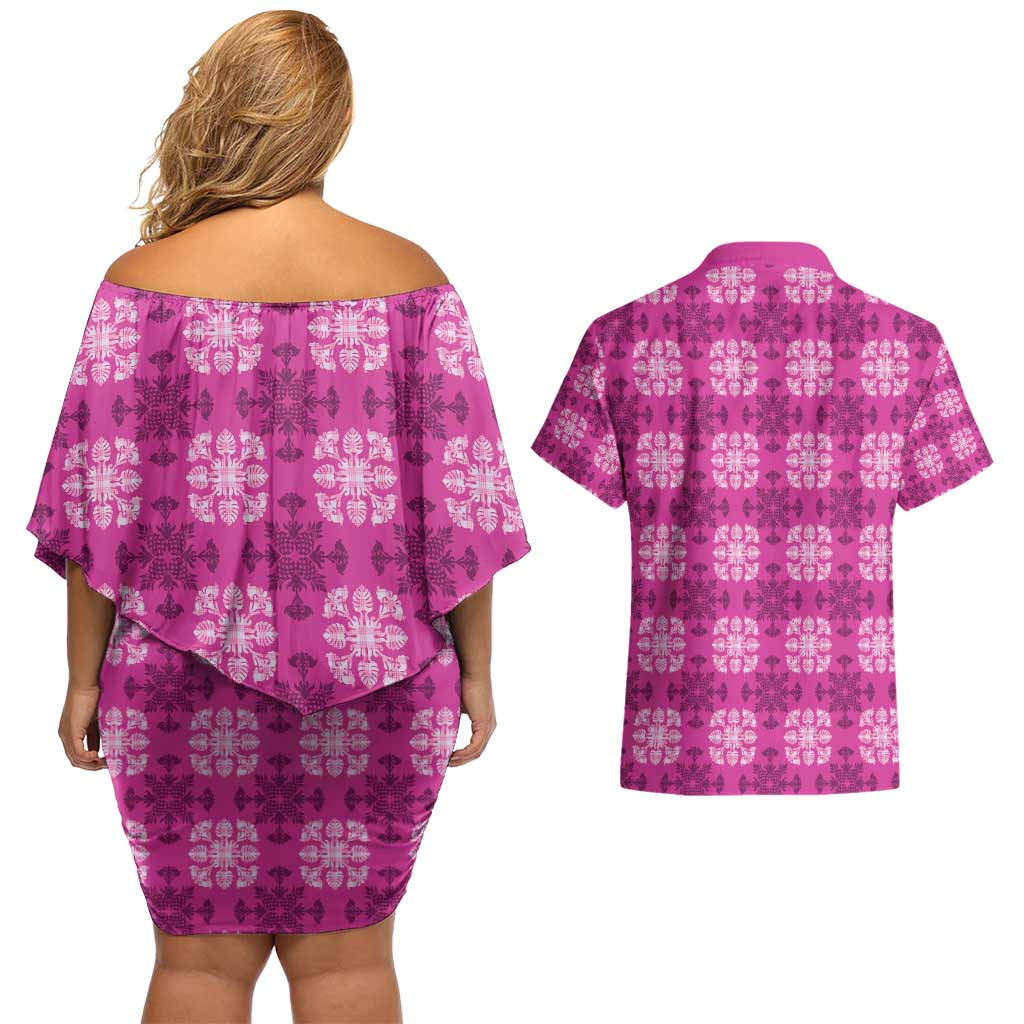 Pink Hawaiian Quilt Couples Matching Off Shoulder Short Dress and Hawaiian Shirt Hawaii Pineapple Monstera Palaka Motifs - Polynesian Pride