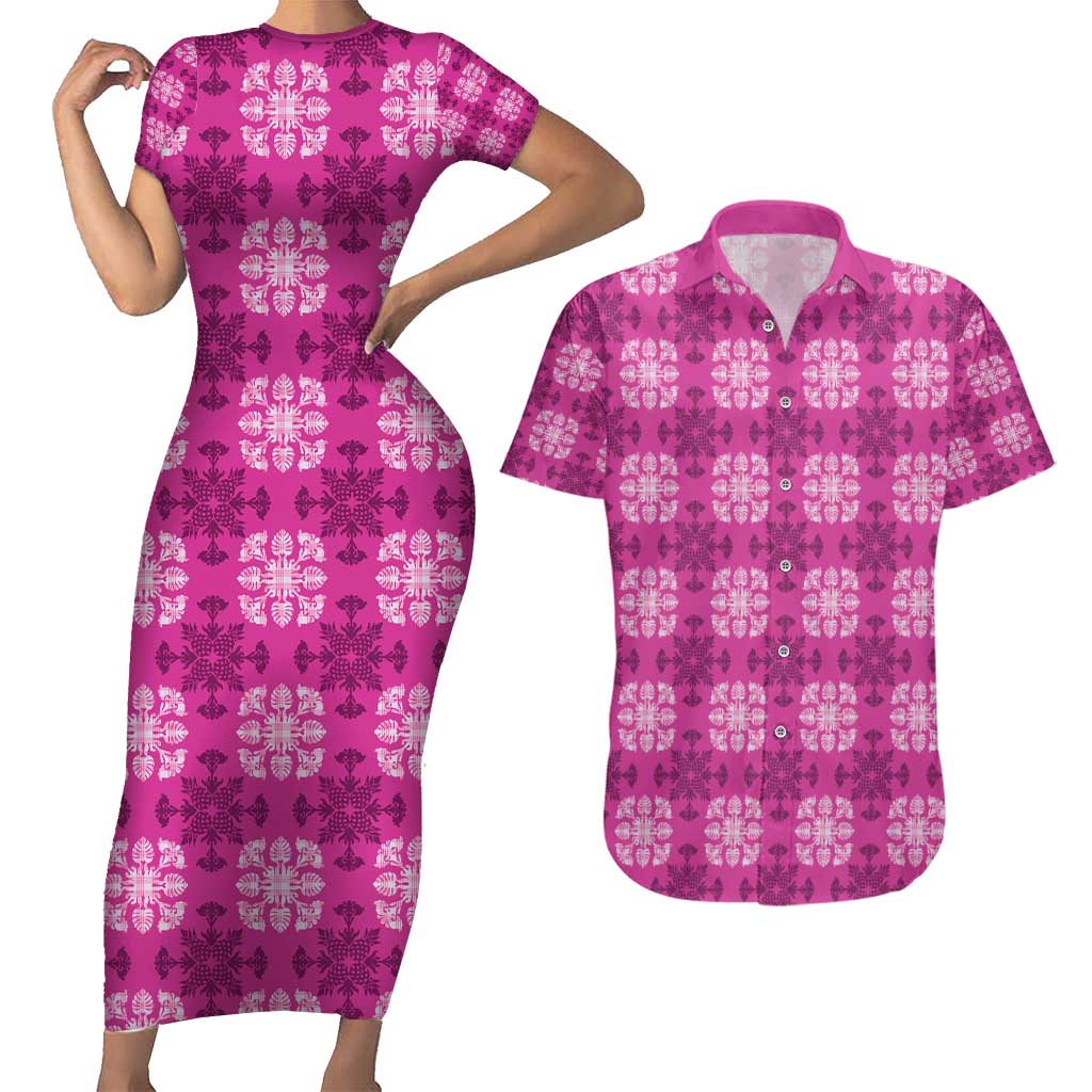 Pink Hawaiian Quilt Couples Matching Short Sleeve Bodycon Dress and Hawaiian Shirt Hawaii Pineapple Monstera Palaka Motifs - Polynesian Pride