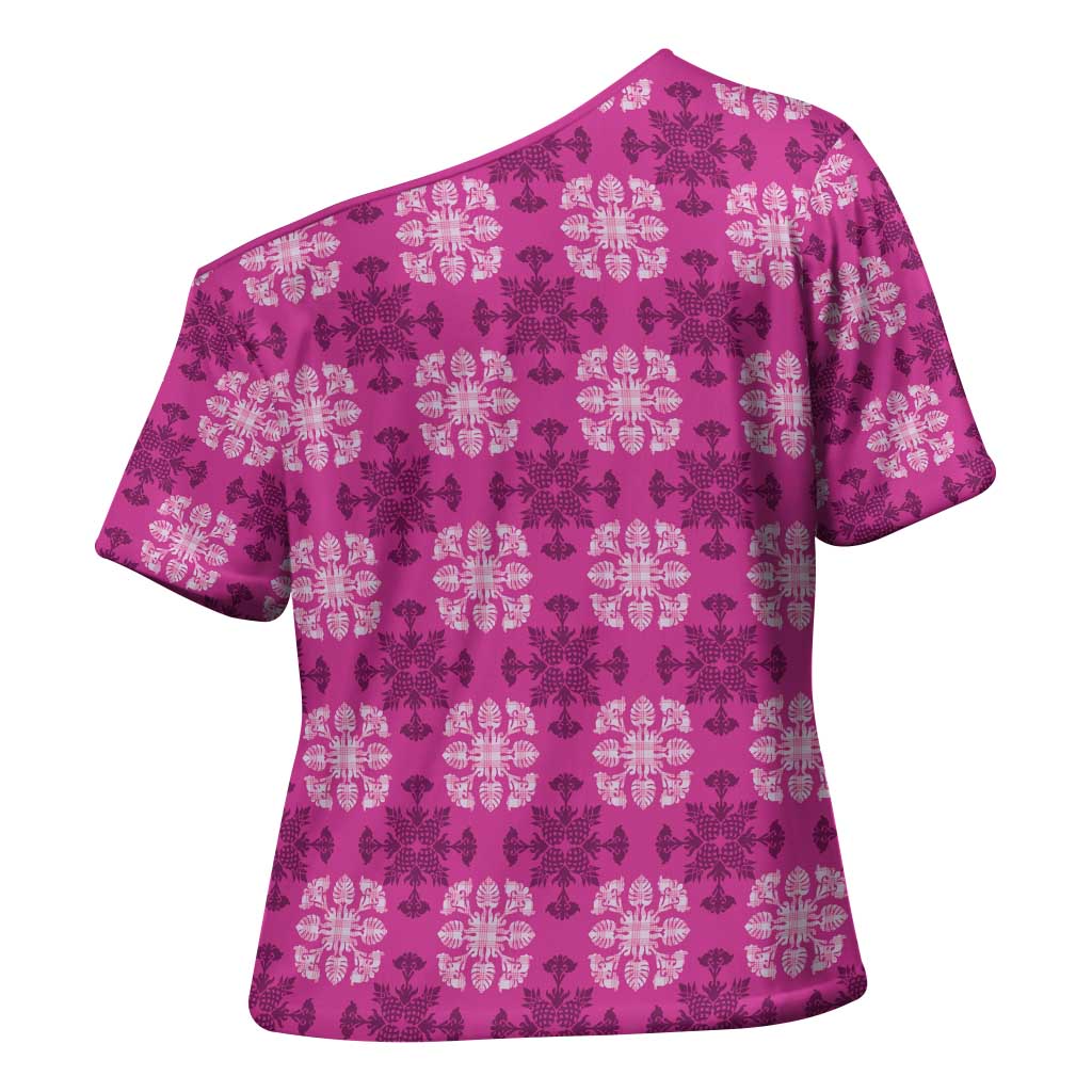 Pink Hawaiian Quilt Cross Shoulder Shirt Hawaii Pineapple Monstera Palaka Motifs LT14 - Polynesian Pride