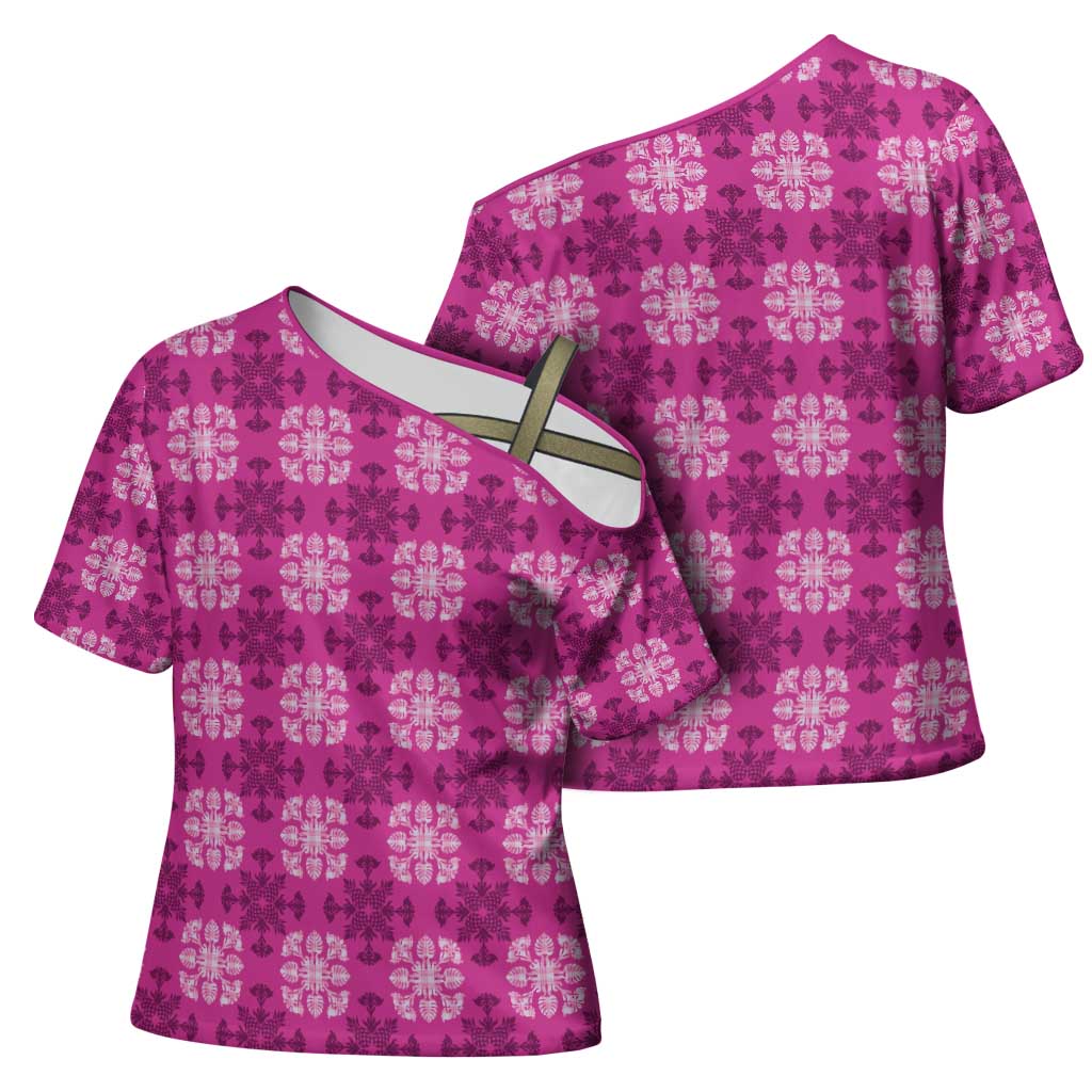 Pink Hawaiian Quilt Cross Shoulder Shirt Hawaii Pineapple Monstera Palaka Motifs LT14 - Polynesian Pride