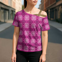 Pink Hawaiian Quilt Cross Shoulder Shirt Hawaii Pineapple Monstera Palaka Motifs LT14 - Polynesian Pride