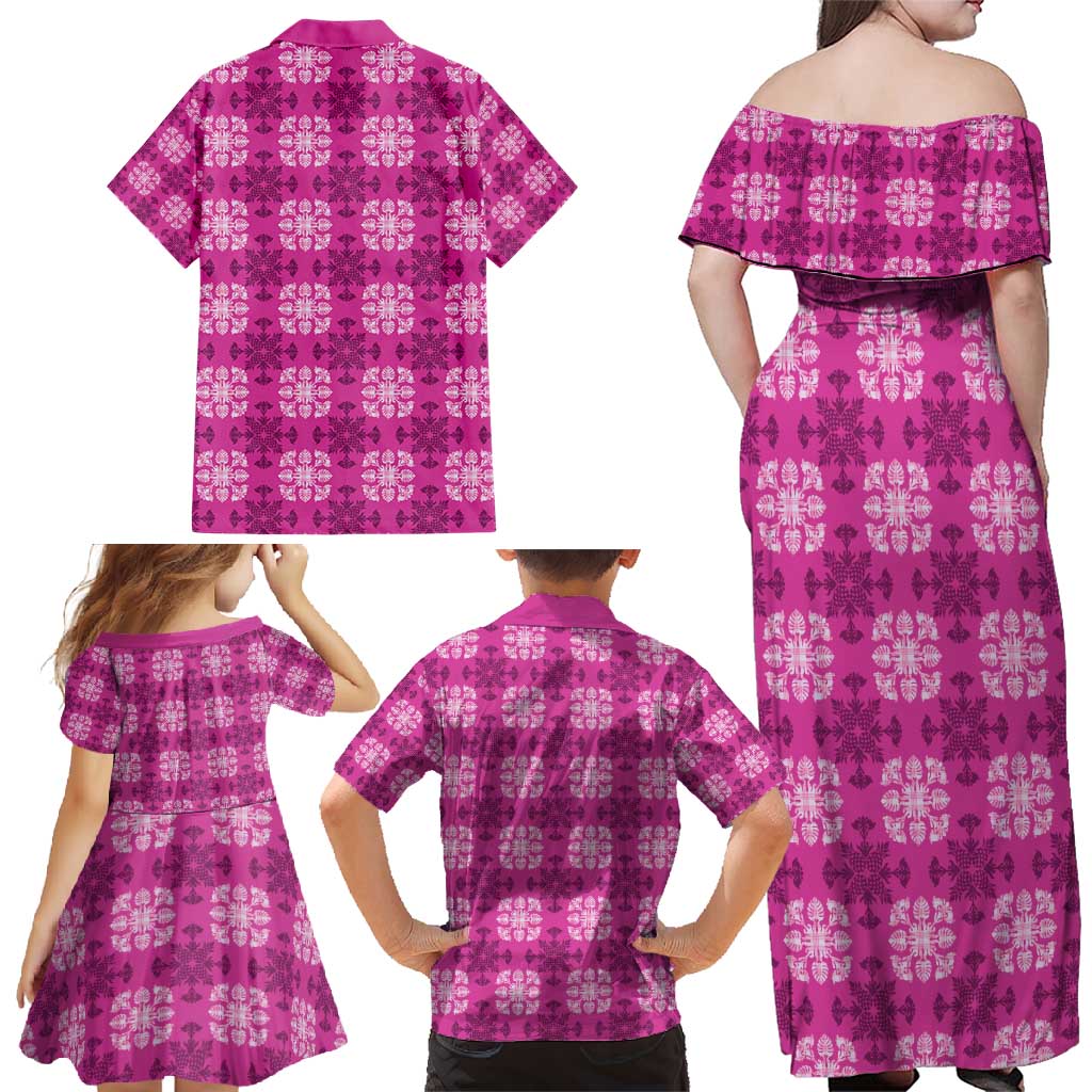 Pink Hawaiian Quilt Family Matching Off Shoulder Maxi Dress and Hawaiian Shirt Hawaii Pineapple Monstera Palaka Motifs - Polynesian Pride