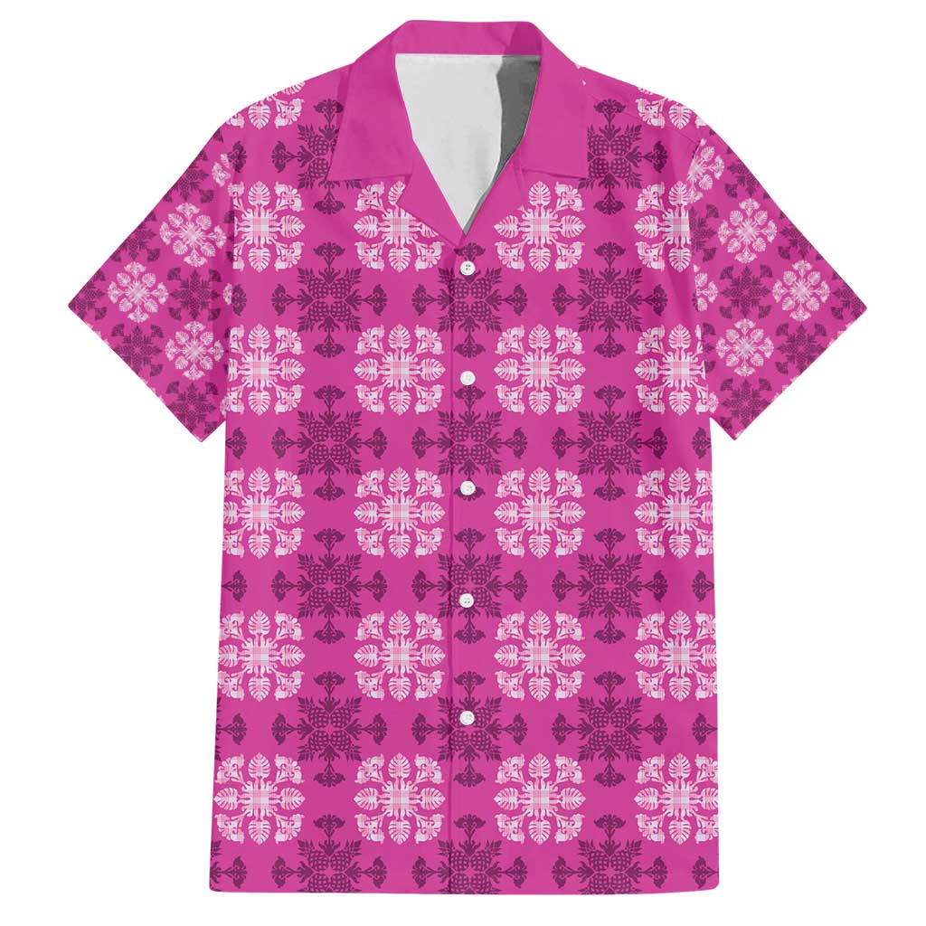 Pink Hawaiian Quilt Family Matching Off Shoulder Short Dress and Hawaiian Shirt Hawaii Pineapple Monstera Palaka Motifs LT14 Dad's Shirt - Short Sleeve Pink - Polynesian Pride