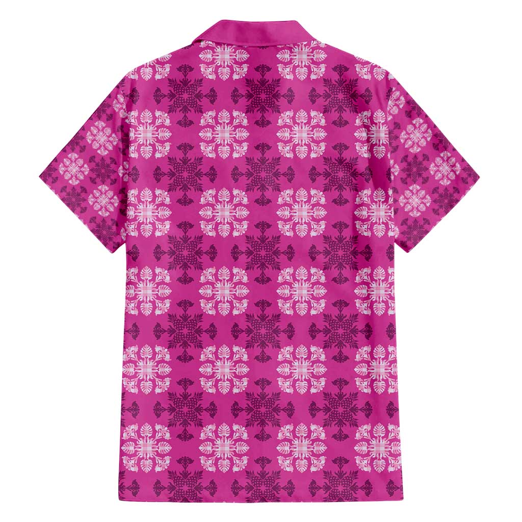Pink Hawaiian Quilt Family Matching Off Shoulder Short Dress and Hawaiian Shirt Hawaii Pineapple Monstera Palaka Motifs LT14 - Polynesian Pride
