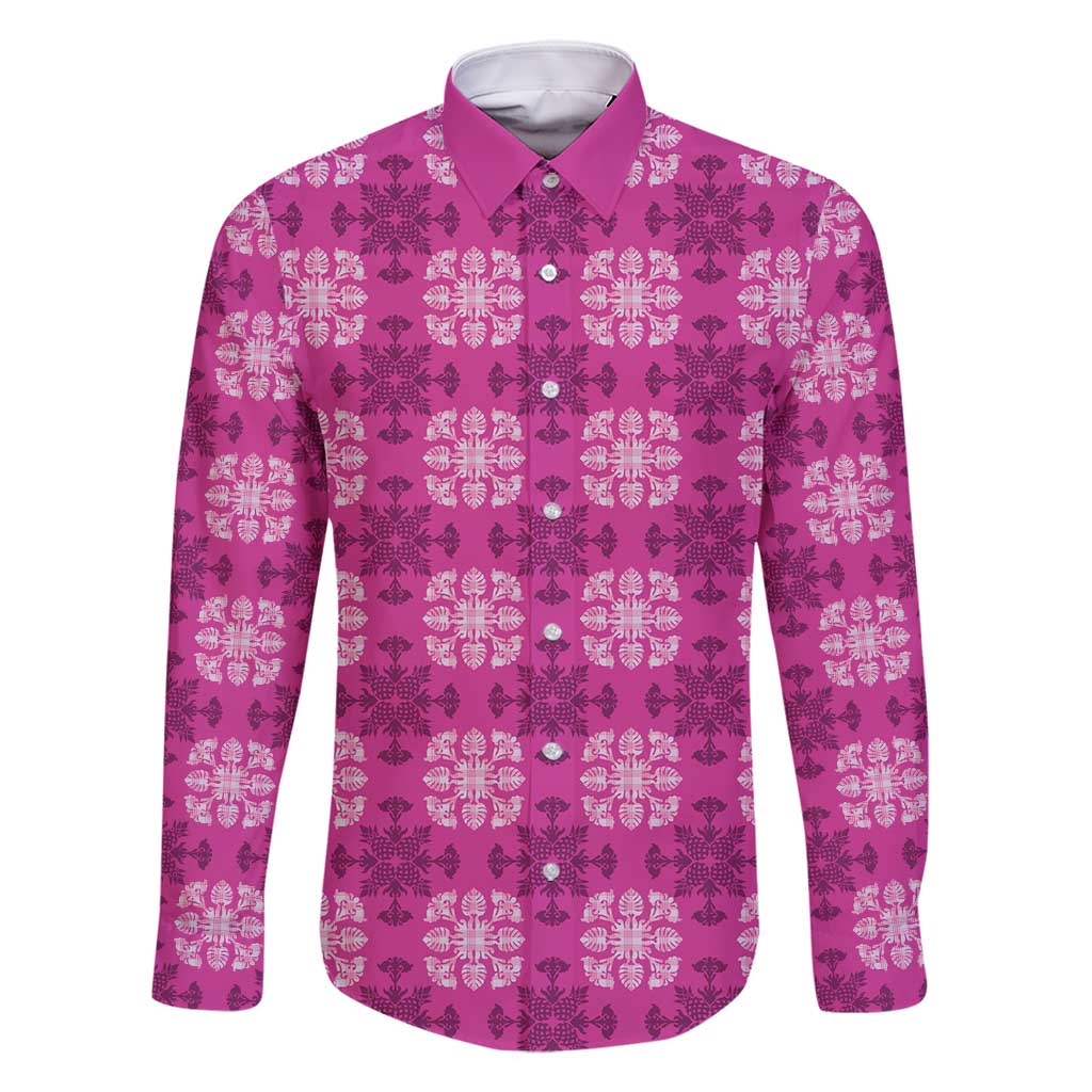 Pink Hawaiian Quilt Family Matching Off Shoulder Short Dress and Hawaiian Shirt Hawaii Pineapple Monstera Palaka Motifs LT14 Dad's Shirt - Long Sleeve Pink - Polynesian Pride