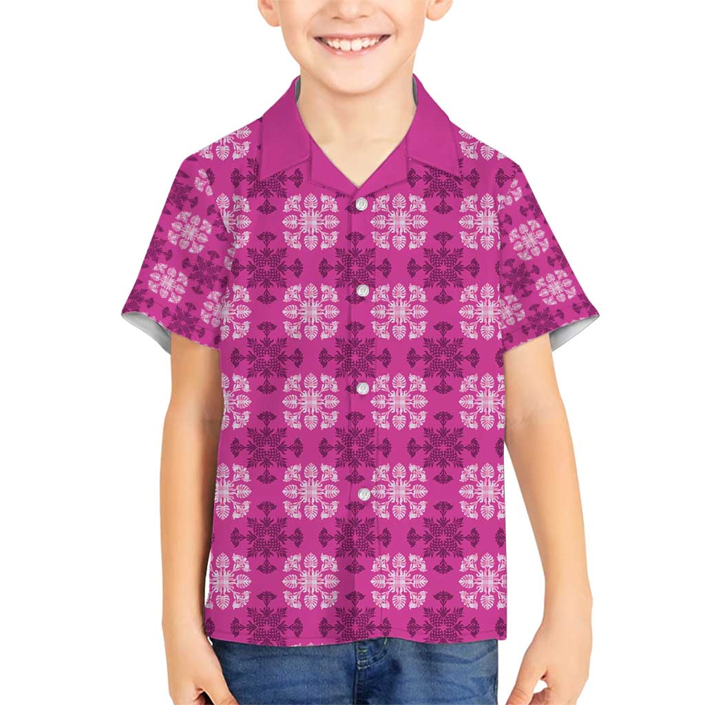 Pink Hawaiian Quilt Family Matching Off Shoulder Short Dress and Hawaiian Shirt Hawaii Pineapple Monstera Palaka Motifs LT14 Son's Shirt Pink - Polynesian Pride