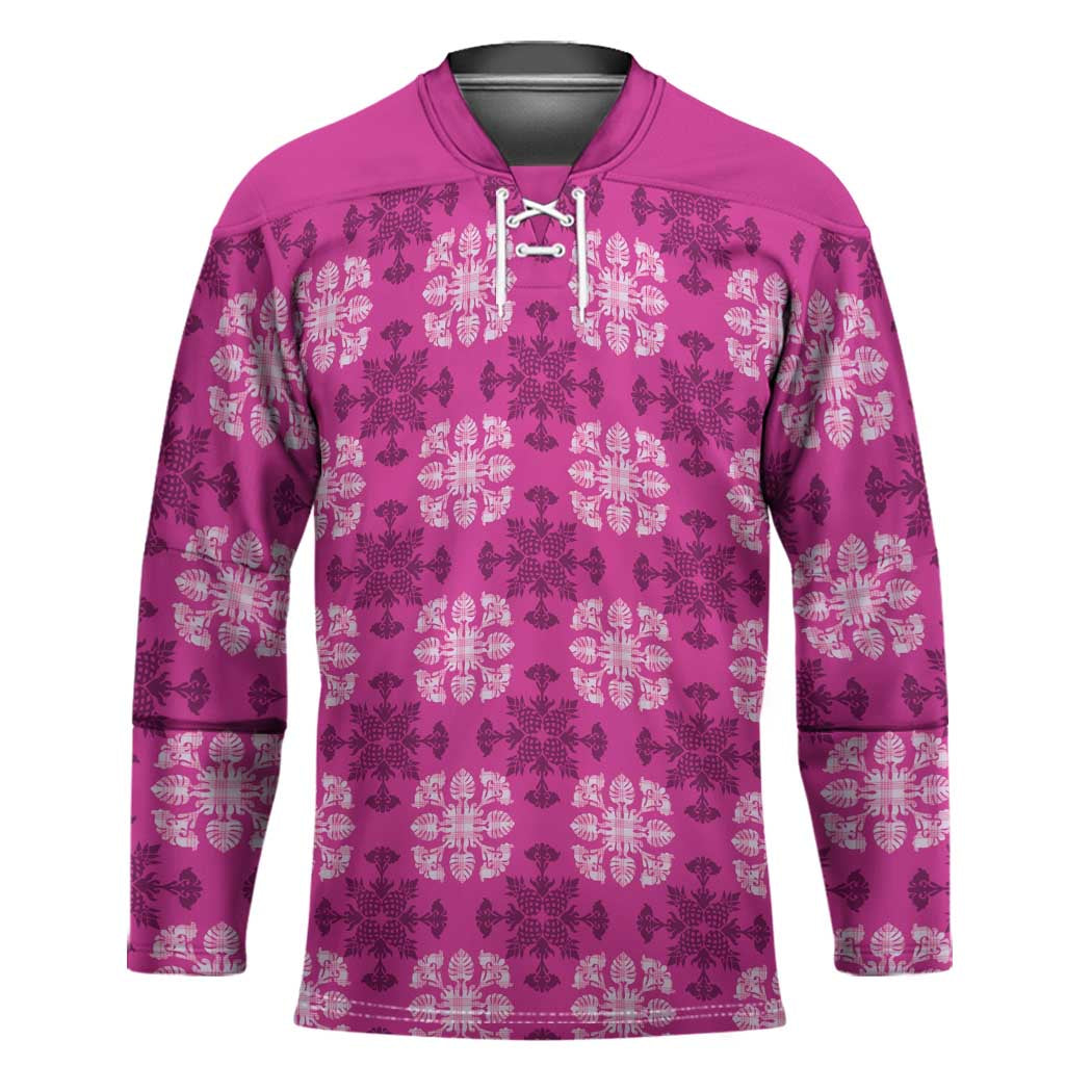 Pink Hawaiian Quilt Hockey Jersey Hawaii Pineapple Monstera Palaka Motifs - Polynesian Pride