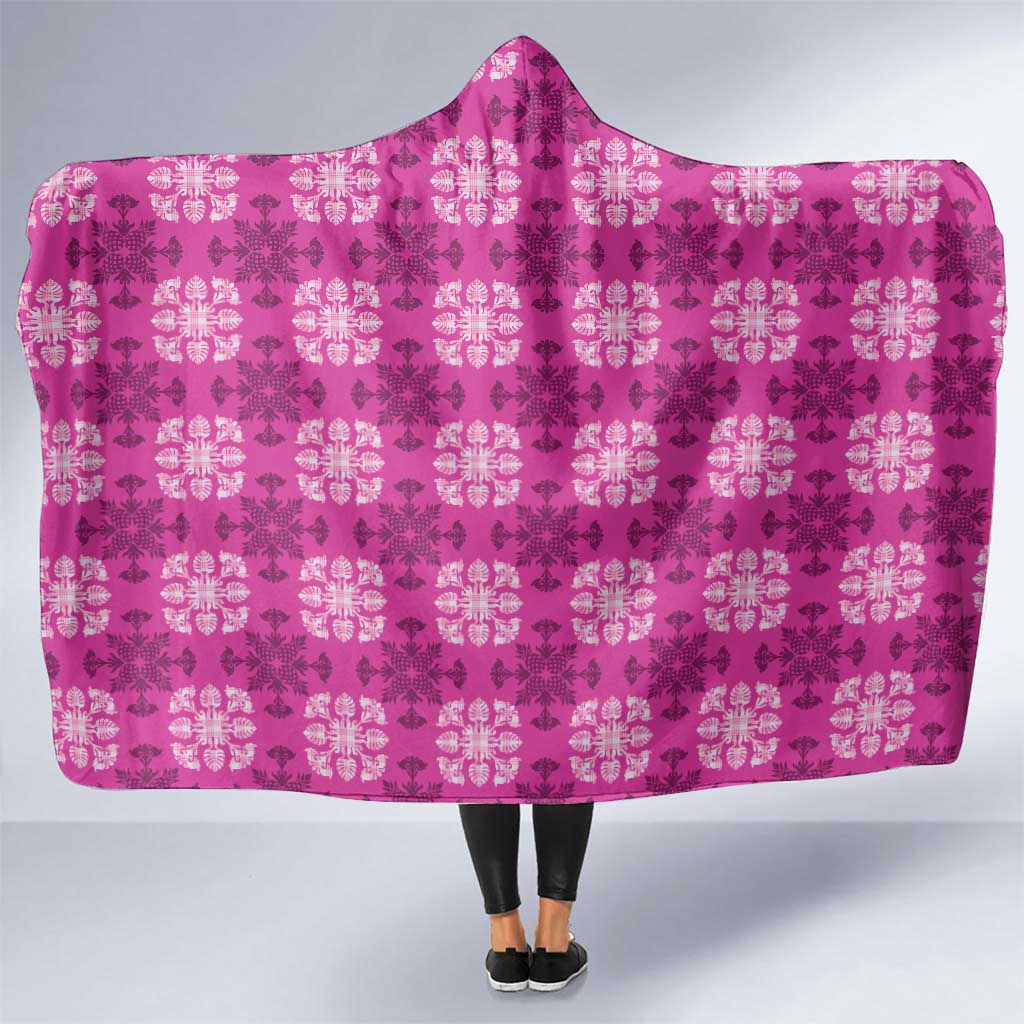 Pink Hawaiian Quilt Hooded Blanket Hawaii Pineapple Monstera Palaka Motifs - Polynesian Pride