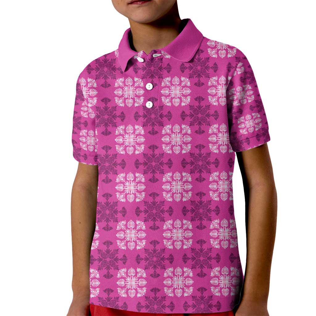 Pink Hawaiian Quilt Kid Polo Shirt Hawaii Pineapple Monstera Palaka Motifs - Polynesian Pride