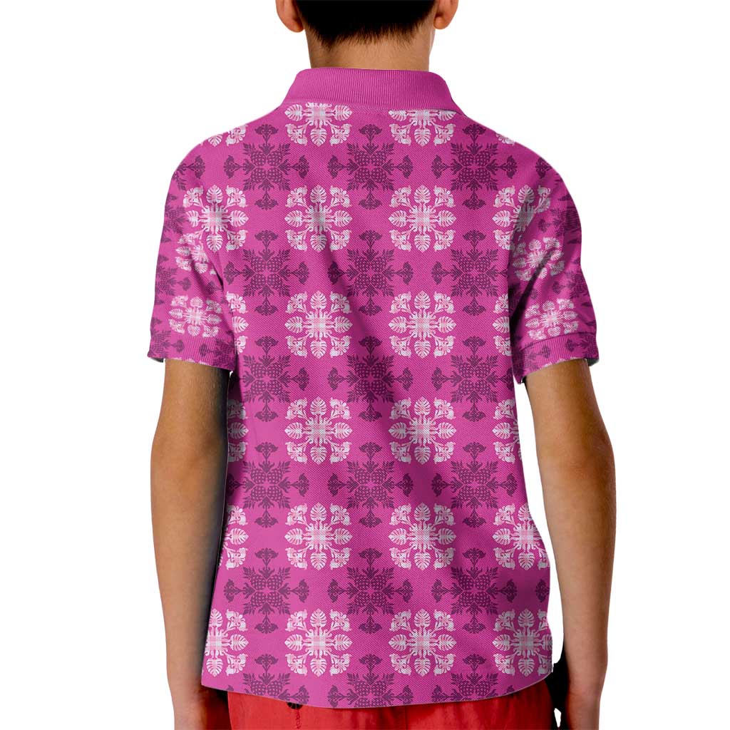 Pink Hawaiian Quilt Kid Polo Shirt Hawaii Pineapple Monstera Palaka Motifs - Polynesian Pride