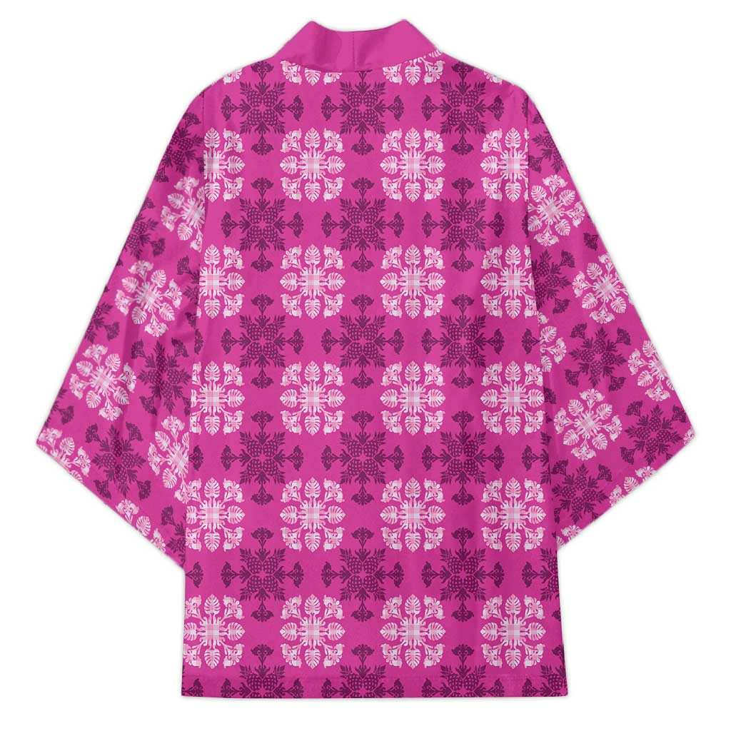 Pink Hawaiian Quilt Kimono Hawaii Pineapple Monstera Palaka Motifs - Polynesian Pride