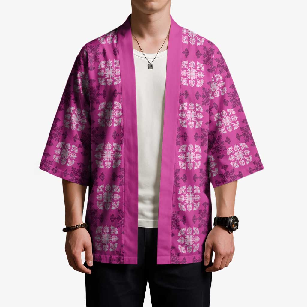 Pink Hawaiian Quilt Kimono Hawaii Pineapple Monstera Palaka Motifs - Polynesian Pride