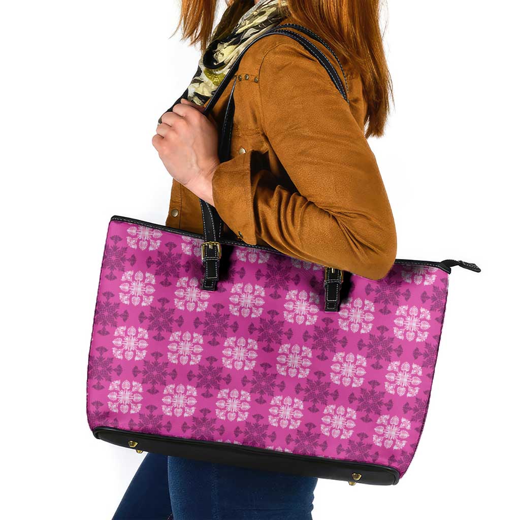 Pink Hawaiian Quilt Leather Tote Bag Hawaii Pineapple Monstera Palaka Motifs LT14 Pink - Polynesian Pride
