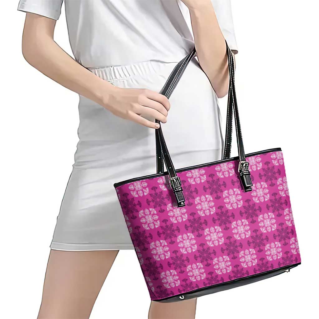Pink Hawaiian Quilt Leather Tote Bag Hawaii Pineapple Monstera Palaka Motifs LT14 - Polynesian Pride