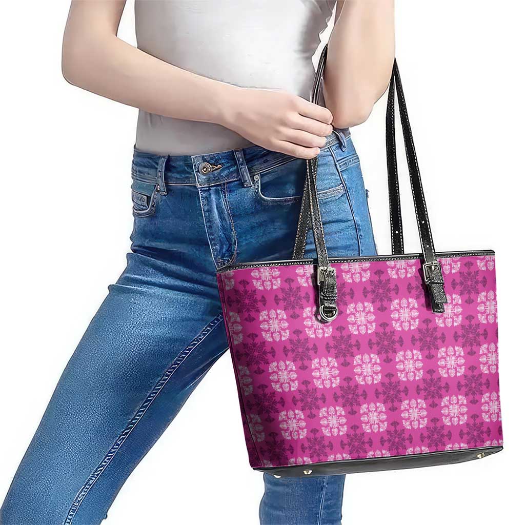 Pink Hawaiian Quilt Leather Tote Bag Hawaii Pineapple Monstera Palaka Motifs LT14 - Polynesian Pride