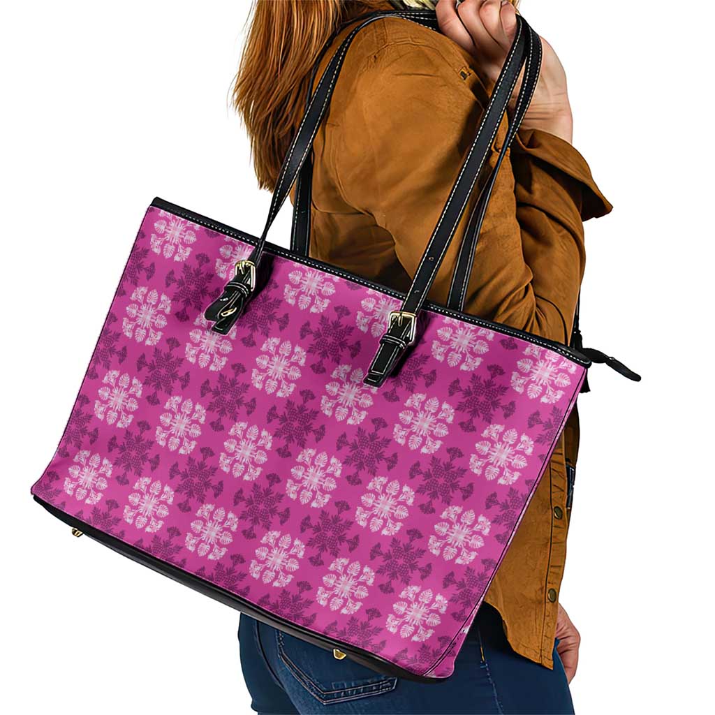 Pink Hawaiian Quilt Leather Tote Bag Hawaii Pineapple Monstera Palaka Motifs LT14 - Polynesian Pride