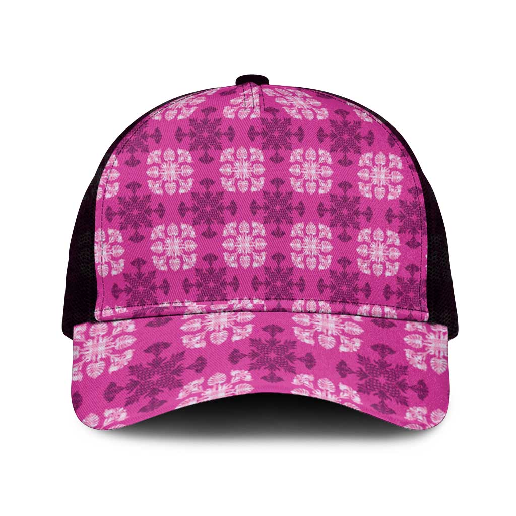 Pink Hawaiian Quilt Mesh Trucker Cap Hawaii Pineapple Monstera Palaka Motifs - Polynesian Pride