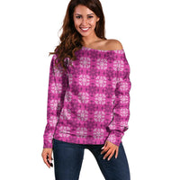 Pink Hawaiian Quilt Off Shoulder Sweater Hawaii Pineapple Monstera Palaka Motifs LT14 Women Pink - Polynesian Pride