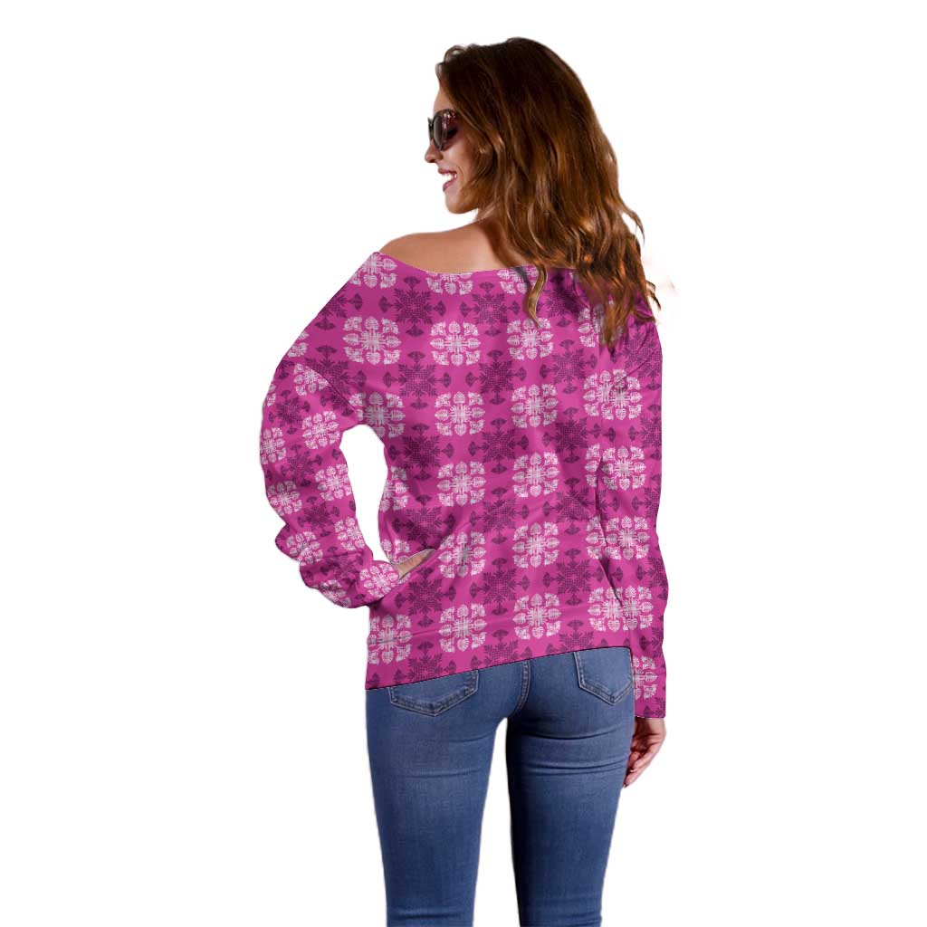 Pink Hawaiian Quilt Off Shoulder Sweater Hawaii Pineapple Monstera Palaka Motifs LT14 - Polynesian Pride