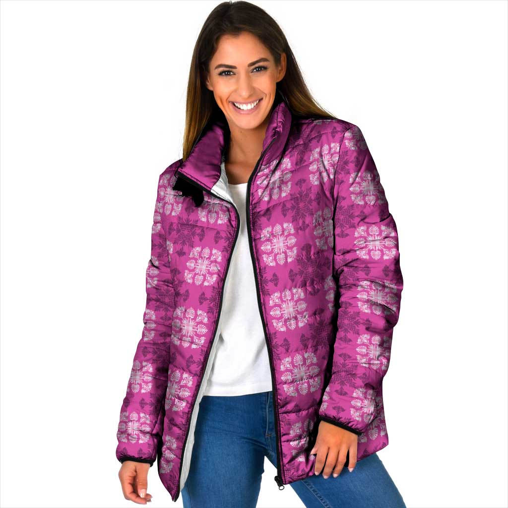 Pink Hawaiian Quilt Padded Jacket Hawaii Pineapple Monstera Palaka Motifs - Polynesian Pride