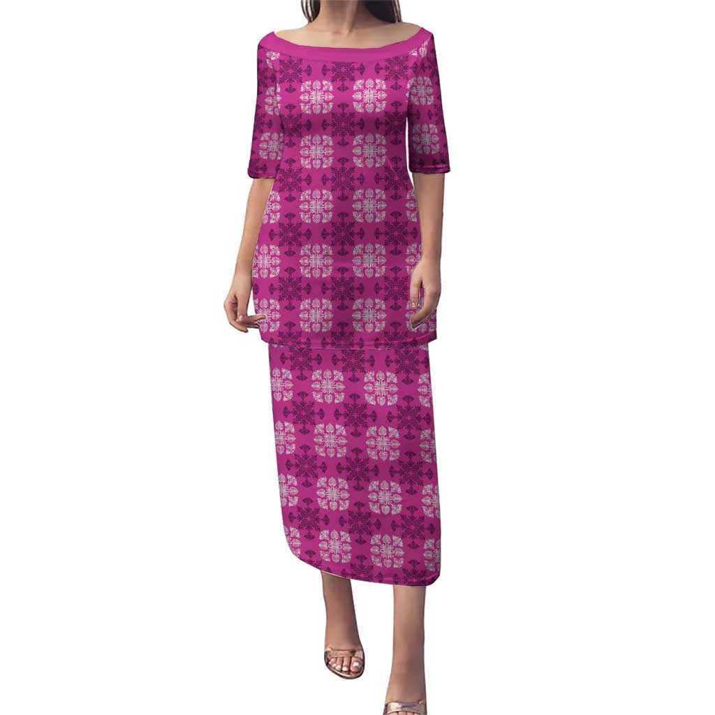 Pink Hawaiian Quilt Puletasi Hawaii Pineapple Monstera Palaka Motifs LT14 Long Dress Pink - Polynesian Pride