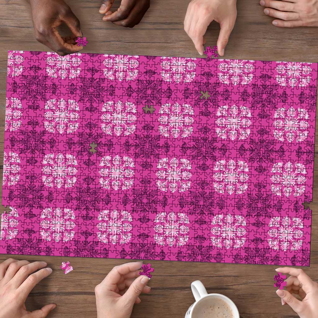 Pink Hawaiian Quilt Puzzle Hawaii Pineapple Monstera Palaka Motifs - Polynesian Pride