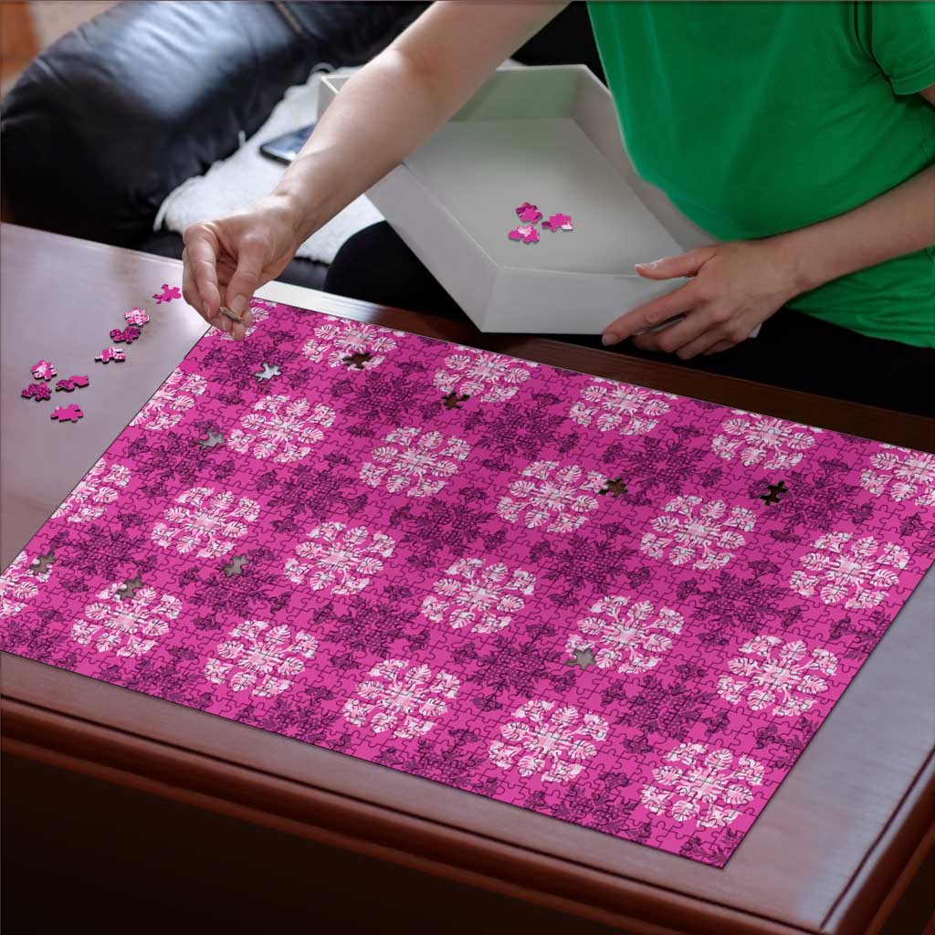 Pink Hawaiian Quilt Puzzle Hawaii Pineapple Monstera Palaka Motifs - Polynesian Pride