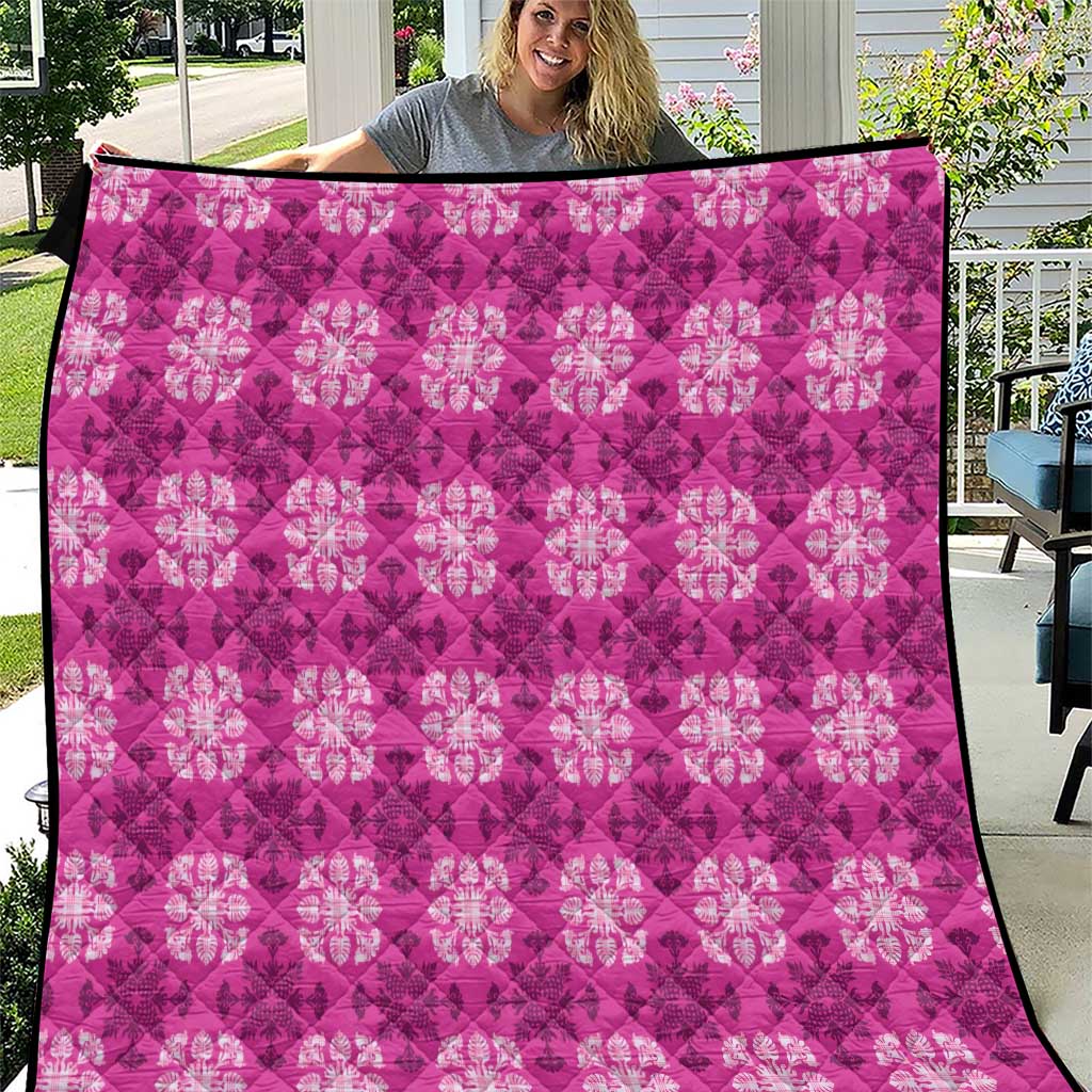 Pink Hawaiian Quilt Quilt Hawaii Pineapple Monstera Palaka Motifs - Polynesian Pride