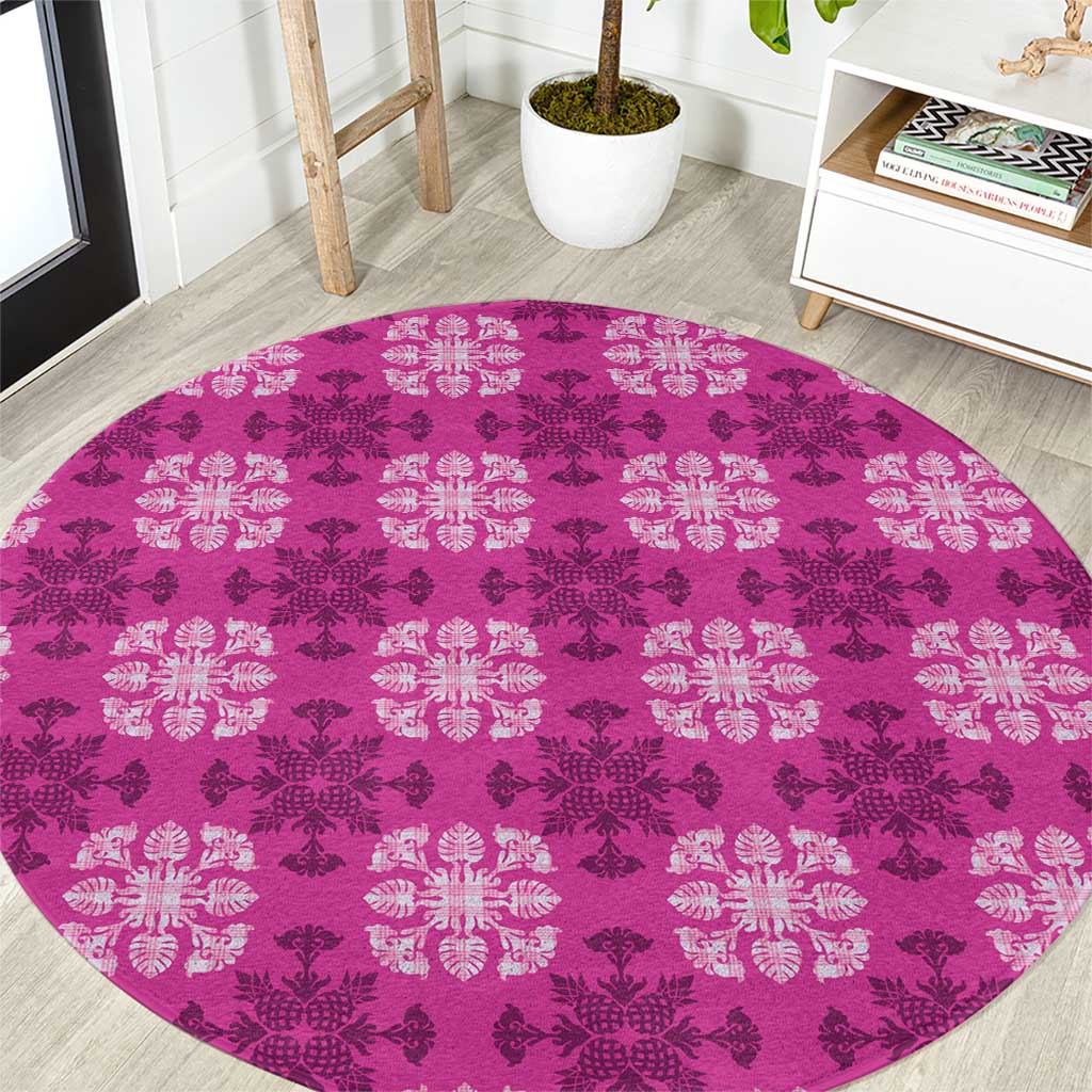 Pink Hawaiian Quilt Round Carpet Hawaii Pineapple Monstera Palaka Motifs LT14 Pink - Polynesian Pride