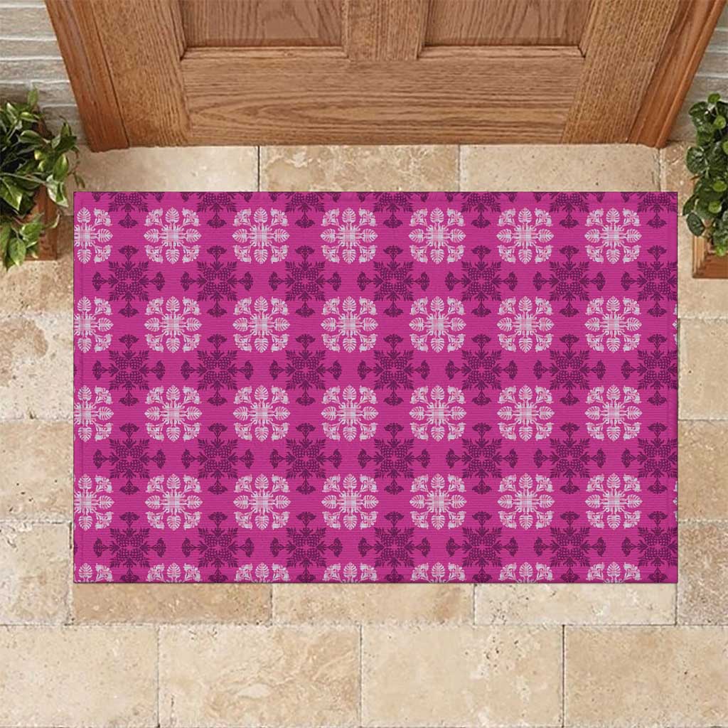Pink Hawaiian Quilt Rubber Doormat Hawaii Pineapple Monstera Palaka Motifs - Polynesian Pride