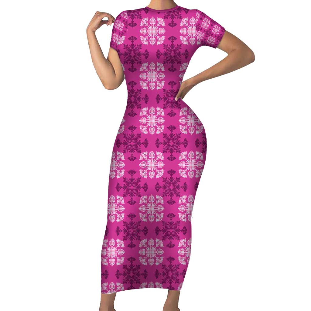 Pink Hawaiian Quilt Short Sleeve Bodycon Dress Hawaii Pineapple Monstera Palaka Motifs - Polynesian Pride