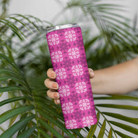 Pink Hawaiian Quilt Skinny Tumbler Hawaii Pineapple Monstera Palaka Motifs - Polynesian Pride