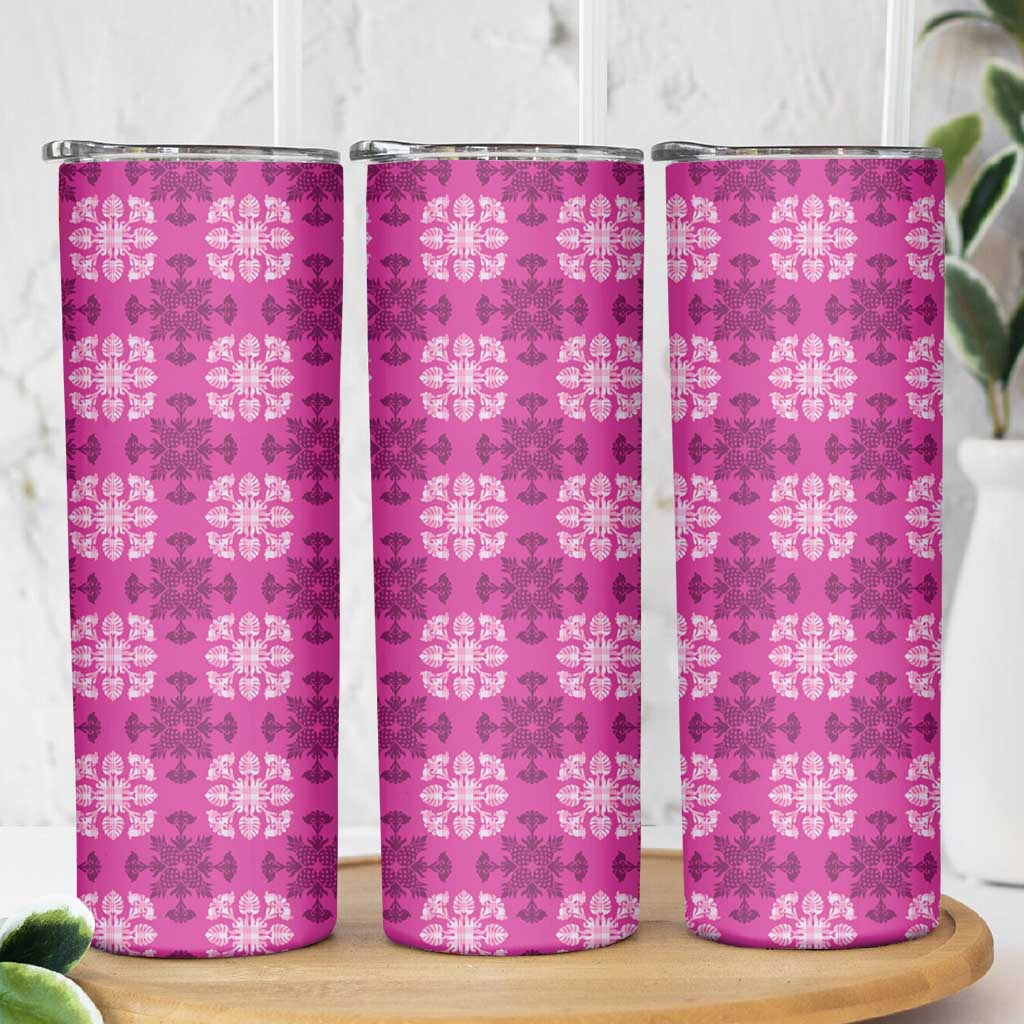 Pink Hawaiian Quilt Skinny Tumbler Hawaii Pineapple Monstera Palaka Motifs - Polynesian Pride