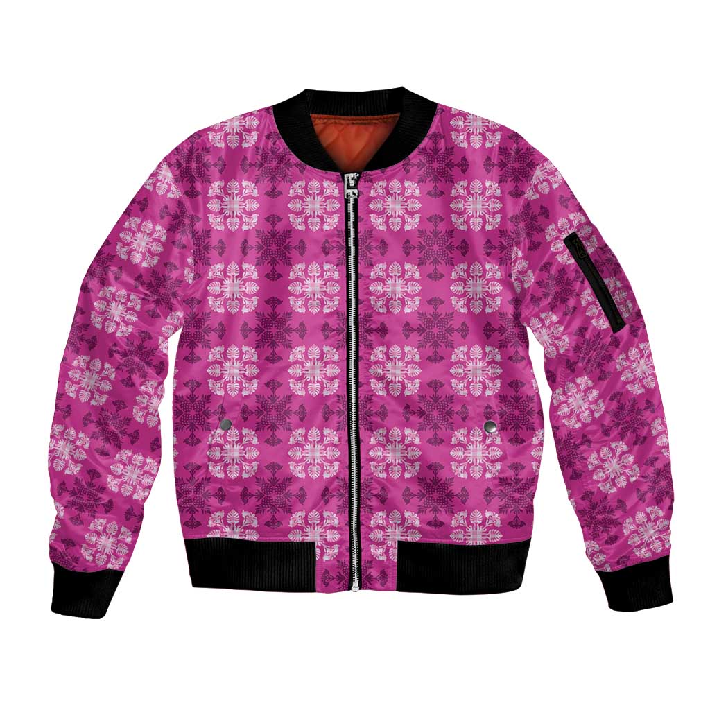 Pink Hawaiian Quilt Sleeve Zip Bomber Jacket Hawaii Pineapple Monstera Palaka Motifs LT14 Unisex Pink - Polynesian Pride