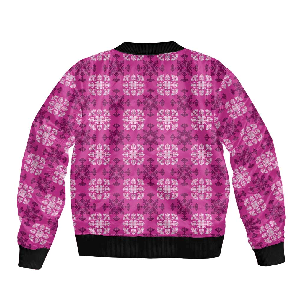Pink Hawaiian Quilt Sleeve Zip Bomber Jacket Hawaii Pineapple Monstera Palaka Motifs LT14 - Polynesian Pride