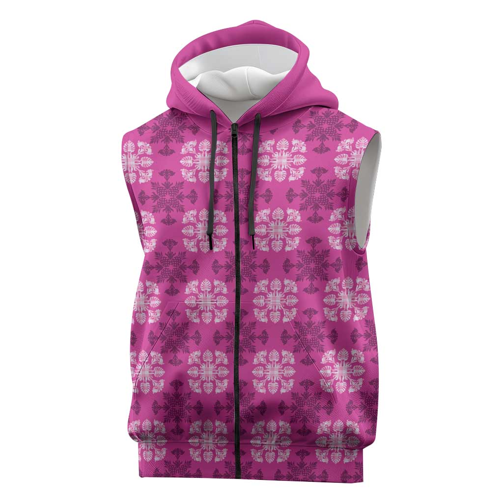 Pink Hawaiian Quilt Sleeveless Zip Hoodie Hawaii Pineapple Monstera Palaka Motifs LT14 Pink - Polynesian Pride