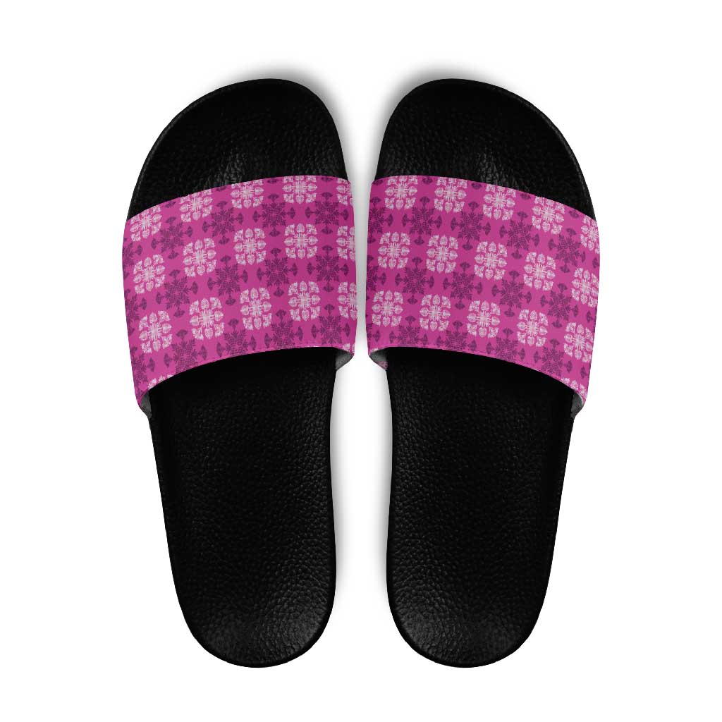 Pink Hawaiian Quilt Slide Sandals Hawaii Pineapple Monstera Palaka Motifs - Polynesian Pride