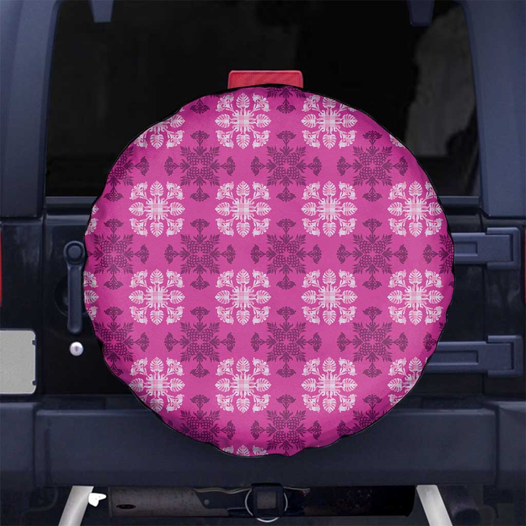 Pink Hawaiian Quilt Spare Tire Cover Hawaii Pineapple Monstera Palaka Motifs - Polynesian Pride