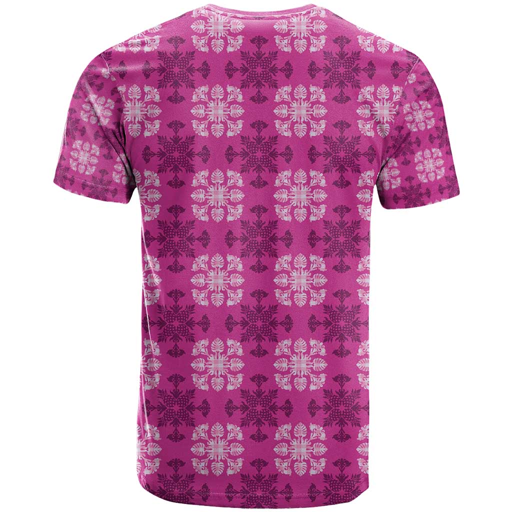 Pink Hawaiian Quilt T Shirt Hawaii Pineapple Monstera Palaka Motifs - Polynesian Pride