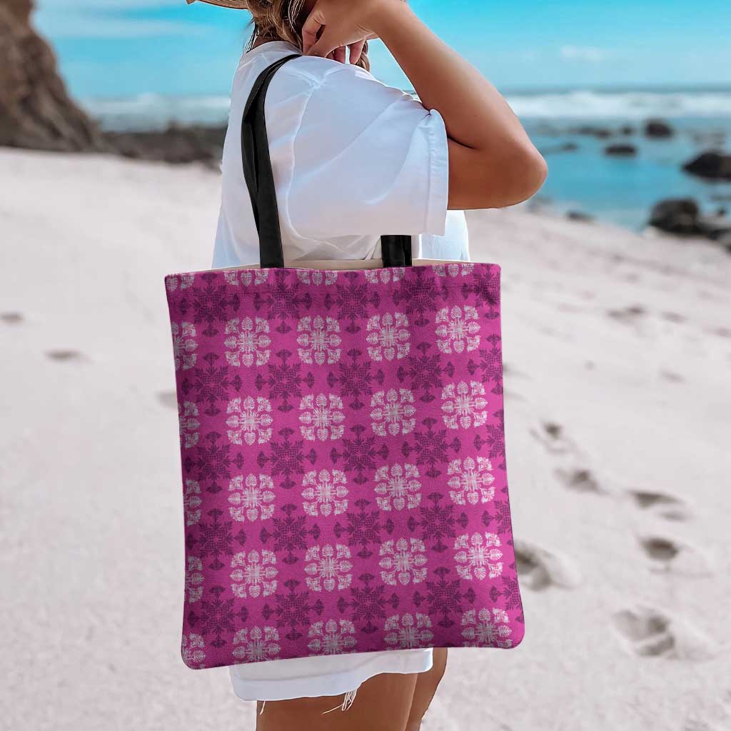 Pink Hawaiian Quilt Tote Bag Hawaii Pineapple Monstera Palaka Motifs - Polynesian Pride
